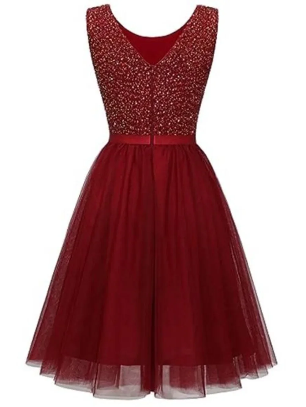 Sequin Dress Vintage A Line Wedding Formal Swing Tulle Dress Burgandy - Picture 6 of 6